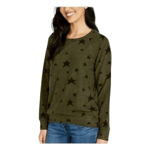 Buffalo David Bitton Star Print Sweater Army Green Soft Knit Crewneck Long Sleev